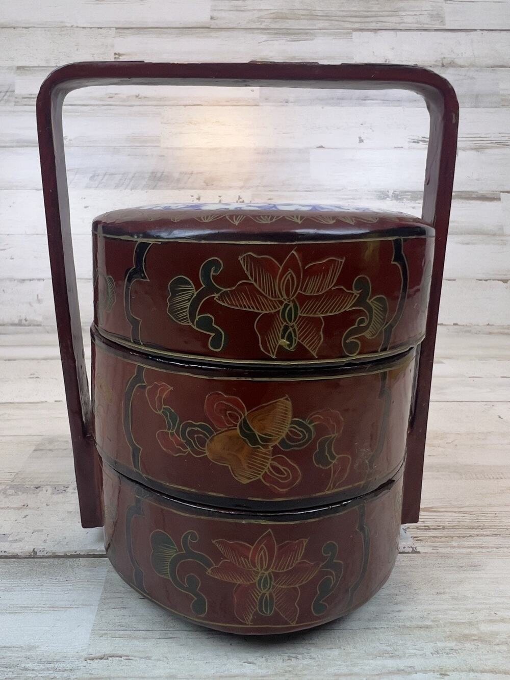 Vintage Chinese Red Lacquer 3 Tier Stacking Basket Porcelain Lid Hand Painted 8"